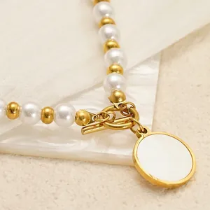 Artificial Pearl Pendant Necklace 18K Gold Plated Stainless Steel Toggle Clasp Round Disc Elegant Fashion Jewelry For Women