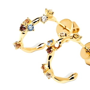 Elegant C-shaped 18K gold earrings with colorful irregular zircon stones and butterfly back