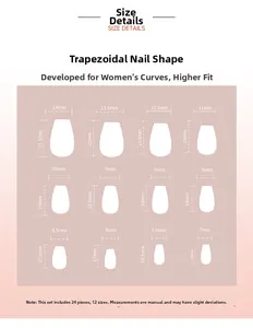 Size chart showing 24 pieces of coffin shaped press-on nails in 12 different sizes