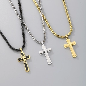 Detailed view of hip hop cross necklaces in black, gold, and silver stainless steel