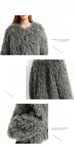 Detail view of round neck and fluffy grey faux sheepskin fur texture on a plush coat