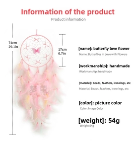 Detail of pink dream catcher showing dimension lines, soft feathers and pearl beads