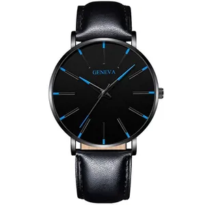 Minimalist ultra-thin men's quartz watch with black leather strap and blue hour markers