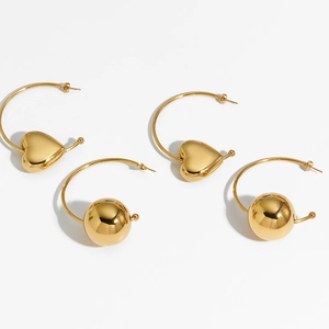 Polished gold hollow heart and round ball C-shaped hoop earrings for women set