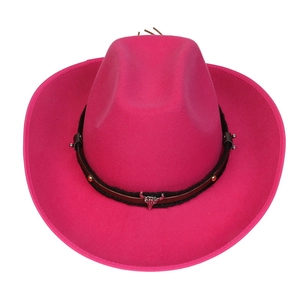 Detail of western wool hat featuring bull head metal buckle and gold studs on leather band