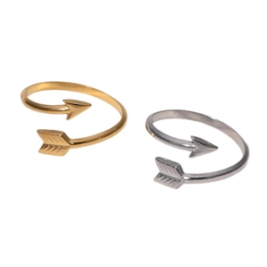 Minimalist adjustable stainless steel arrow open rings in polished gold and silver finishes