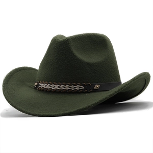Macro view of forest green wool felt western cowboy hat with studded braided band
