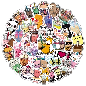 50pcs cute cartoon boba tea stickers featuring colorful animals for laptops and bottles
