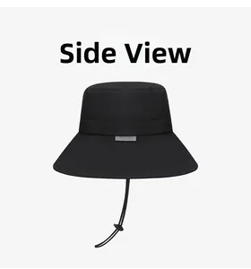 Side view of black waterproof sun hat with wide brim and adjustable wind rope