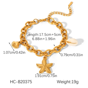 Detail view of 18k gold stainless steel bracelet with starfish and seashell charms and sizes
