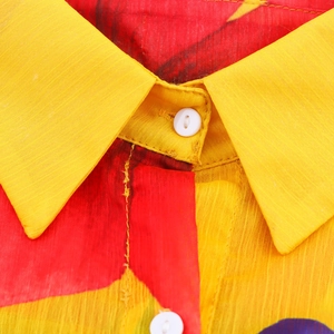 Floral print chiffon shirt with yellow and red patterns and classic white button collar