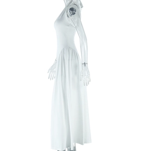 Detailed side view of white sleeveless maxi dress fabric drape on invisible mannequin