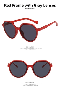 Detailed views of red polygonal sunglasses with dark grey lenses in front and side angles