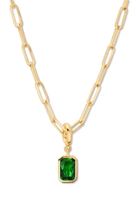 Close-up of 18K gold plated paperclip chain necklace with a rectangular emerald pendant