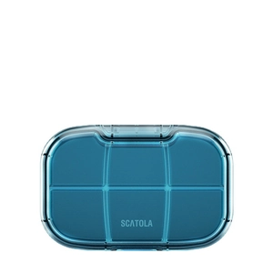 Portable blue translucent pill box with six compartments and a secure sealing lid