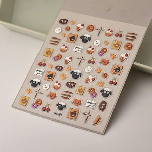Macro view of 3D jelly nail stickers with cute bear, lamb, and dessert patterns