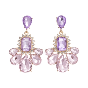 Vintage geometric drop earrings with purple crystals and pink rhinestones on white background