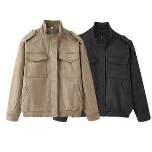 Giacca da Donna in Similpelle Scamosciata con Collo Alto Manica Lunga Stile Workwear Cappotto Tinta Unita con Spalline e Tasche