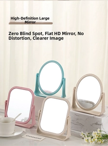 Close-up of dual-sided tabletop makeup mirror with straw fiber frame in pastel colors