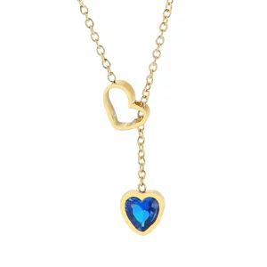 Minimalist gold chain necklace with hollow heart link and blue sapphire heart pendant
