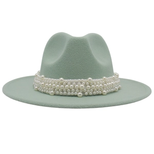 Elegant sage green wool felt fedora hat featuring a wide brim and pearl bead embellishment