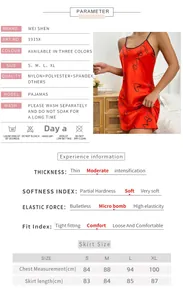 Size chart for backless satin nightdress featuring detailed measurements and fabric specs