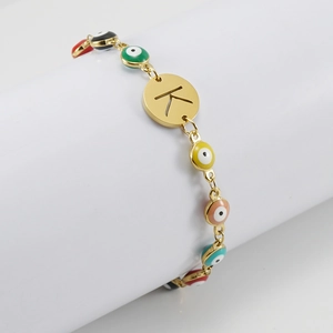18K gold plated stainless steel bracelet with colorful evil eye charms and letter K