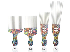 Detail view of four professional metal tooth hair picks with colorful paisley print handles