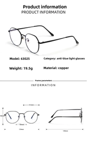 Detailed size chart for round metal frame blue light blocking glasses model 63025
