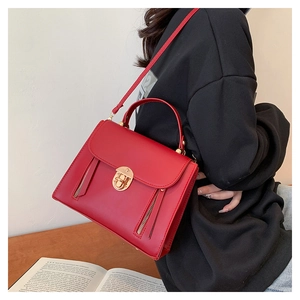 Detail showing red leather handbag with gold twist lock and stylish zip accents