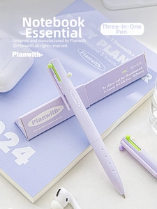 Detailed view of a 0.5mm 3-in-1 colored gel pen with matte lavender finish on a notebook