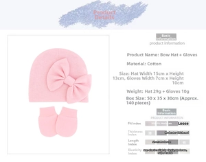 Pink newborn baby hat with bow and scratch mittens set in soft cotton fabric