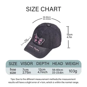 Size chart for washed denim baseball cap with butterfly patch and measurements