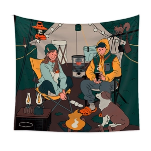 Vue détaillée de la tapisserie murale de camping esthétique avec scène de forêt