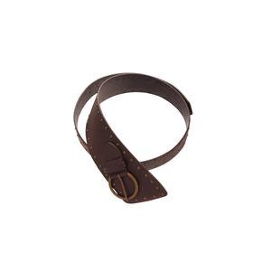 Retro coffee leather belt with brass studs and large round metal buckle for women