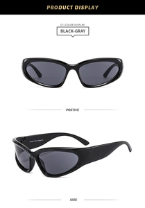 Detailed front and side views of oval sports sunglasses with black frames and grey lenses