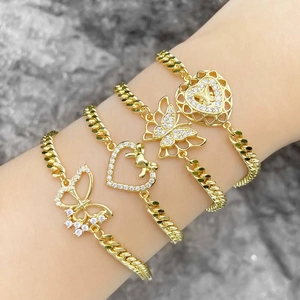Fashion Gold Plated Copper Cuban Link Bracelet For Women Sophisticated Zirconia Inlaid Heart Butterfly Pendant Jewelry Gift