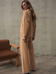 Women's camel knit two-piece set featuring long sleeve polo sweater and wide leg pants