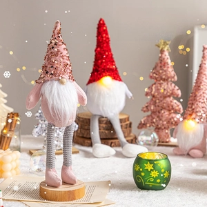 Christmas Gnome Plush Ornament LED Glowing Nose Sequin Hat Long Legs Gonk Doll Xmas Tree Decoration Home Holiday Desktop