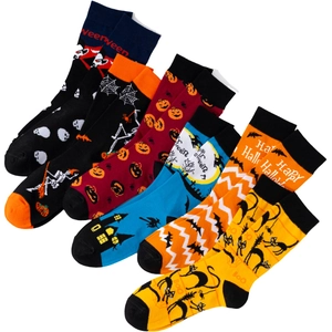 Detail of six Halloween crew socks with pumpkin, ghost, and bat patterns in cotton knit