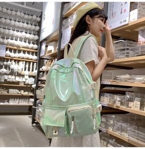 Detail of holographic mint green backpack with large capacity and multi-pocket design