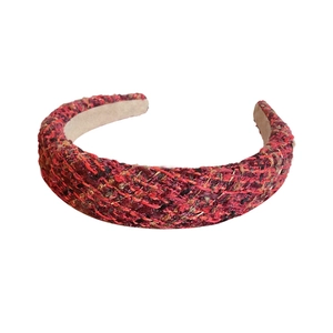 Elegant red tweed headband with gold thread texture for Christmas and autumn styling