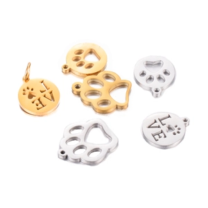 Polished stainless steel LOVE heart and paw print pendants in gold and silver finish