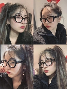 Selfie-Collage mit schwarzer Oversize-Cateye-Brille mit dickem Rahmen an einem Model
