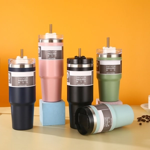 Various sizes and colors of insulated stainless steel mugs with lids and straws