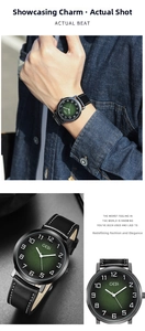 Macro view of vintage men's quartz watch with green gradient dial and black leather strap