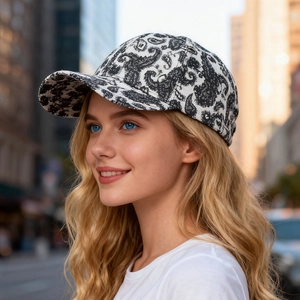 Fashionable paisley print baseball cap worn by a model in an urban outdoor setting