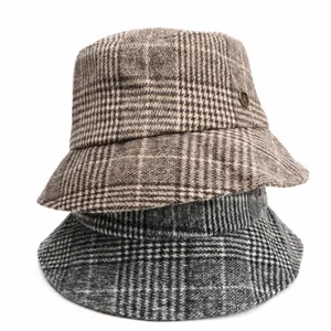 Vintage Plaid Woolen Bucket Hat For Women Flat Top Warm Winter Basin Hat Korean Style Checkered Sunshade Folding Cap