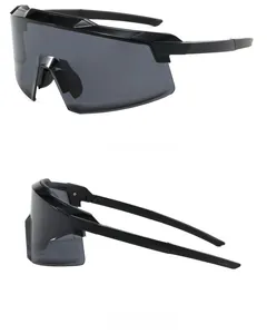 Dual view of aerodynamic black cycling sunglasses with gray wraparound lenses