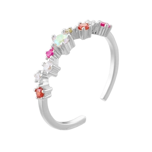 Detail view of colorful zircon inlay and silver adjustable open ring setting